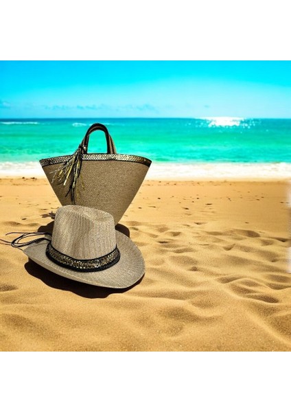 Hasır Çanta, Plaj Çantası ve Şapka 2'li Takım, El Emeği Plaj Çantası ve Plaj Şapkası, Siyah Gold Şeritli fiyatları