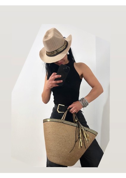 Hasır Çanta, Plaj Çantası ve Şapka 2'li Takım, El Emeği Plaj Çantası ve Plaj Şapkası, Siyah Gold Şeritli modelleri