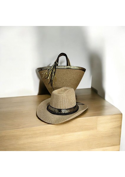 Hasır Çanta, Plaj Çantası ve Şapka 2'li Takım, El Emeği Plaj Çantası ve Plaj Şapkası, Siyah Gold Şeritli fırsatları