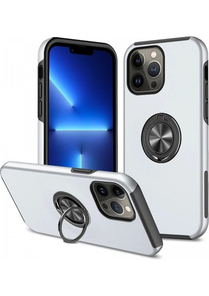 Newface iPhone 13 Pro Kılıf Elit Yüzüklü Kapak - Gümüş