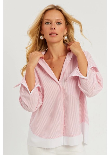 Kadın Pembe Çizgili Gömlek SF2551