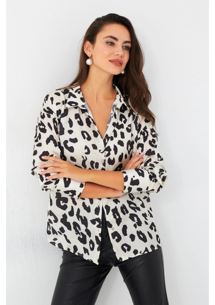 Kadın Ekru-Siyah Leopar Desenli Saten Gömlek Shr9 modelleri