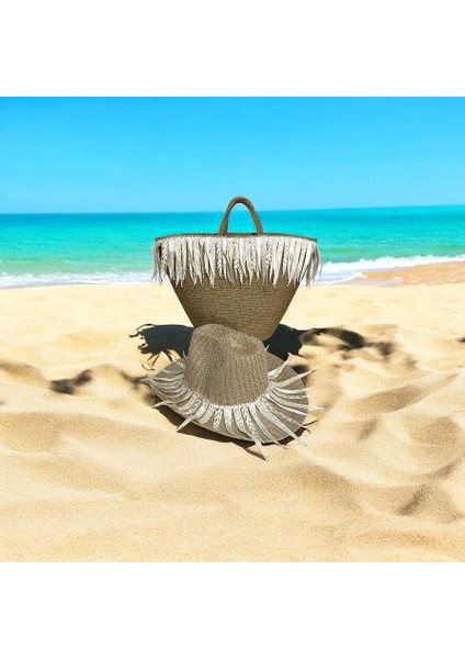 Hasır Çanta, Plaj Çantası ve Şapka 2'li Takım, El Emeği Plaj Çantası ve Plaj Şapkası, Ekru Püsküllü