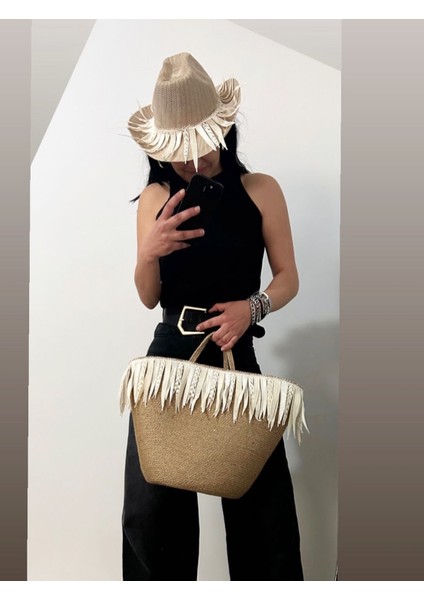 Hasır Çanta, Plaj Çantası ve Şapka 2'li Takım, El Emeği Plaj Çantası ve Plaj Şapkası, Ekru Püsküllü indirimleri