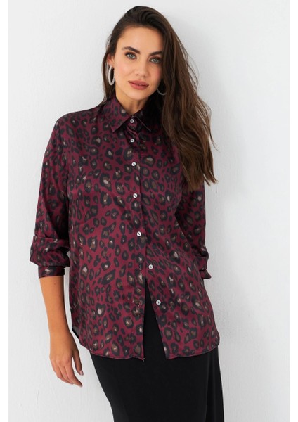 Kadın Bordo-Siyah Leopar Desenli Saten Gömlek MRAD5901-1 fiyatları