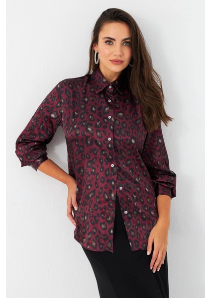 Kadın Bordo-Siyah Leopar Desenli Saten Gömlek MRAD5901-1 modelleri