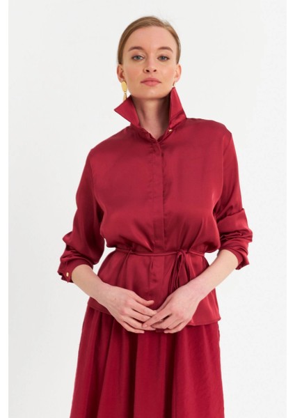 Kadın Bordo Beli Bağlamalı Saten Gömlek MMRS4212 fırsatları