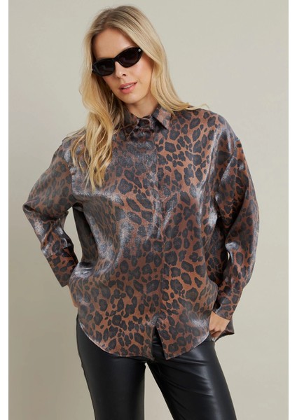 Kadın Camel-Siyah Parlak Leopar Salaş Gömlek MMİW1000 modelleri