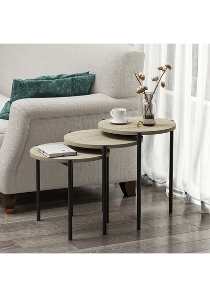 Zuba Zigon Sehpa 3’lü Yuvarlak, Metal Ayaklı, Modern Tarz, Kahve, Servis ve Sunum Sehpası