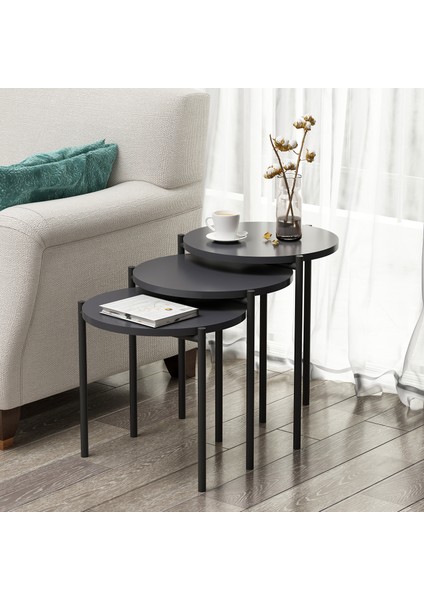 Zuba Zigon Sehpa 3’lü Yuvarlak, Metal Ayaklı, Modern Tarz, Kahve, Servis ve Sunum Sehpası