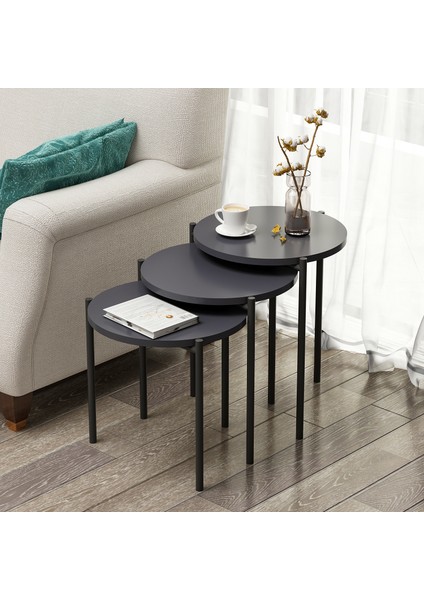 Zuba Zigon Sehpa 3’lü Yuvarlak, Metal Ayaklı, Modern Tarz, Kahve, Servis ve Sunum Sehpası