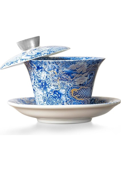 Çin Ejderhası Gaiwan Mavi Sancai Çay Kasesi Seti, 100 ml Porselen Fincan ve Tabak