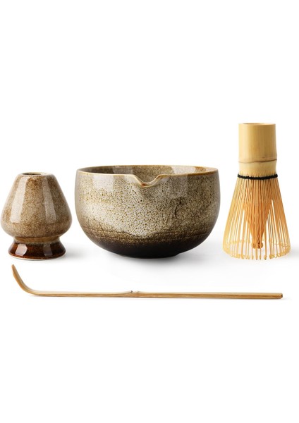 Japon Seremoni Matcha Seti Ağızlı Seramik Kase, Bambu Çırpıcı ve Kaşık ile 4 Parça Kit