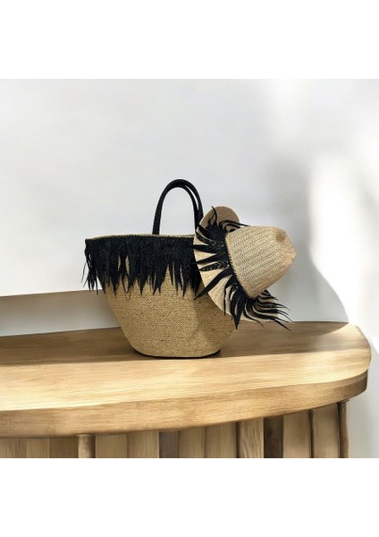 Hasır Çanta, Plaj Çantası ve Şapka 2'li Takım, El Emeği Plaj Çantası ve Plaj Şapkası, Siyah Püsküllü