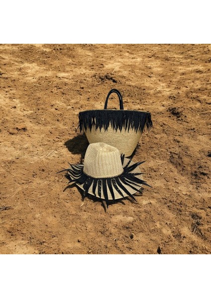 Hasır Çanta, Plaj Çantası ve Şapka 2'li Takım, El Emeği Plaj Çantası ve Plaj Şapkası, Siyah Püsküllü fiyatları