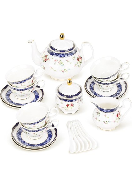21 Parça Porselen Mavi Gül Desenli Ingiliz Çay Seti 6 Kişilik Vintage