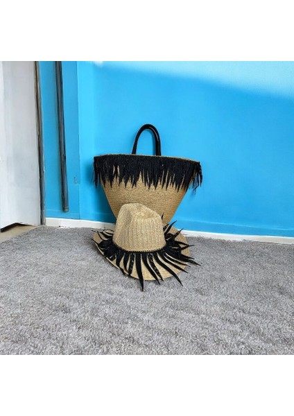 Hasır Çanta, Plaj Çantası ve Şapka 2'li Takım, El Emeği Plaj Çantası ve Plaj Şapkası, Siyah Püsküllü modelleri