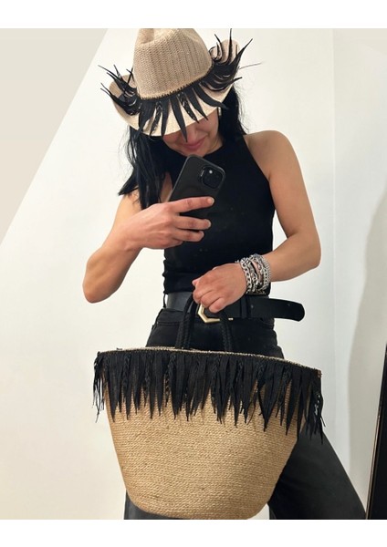 Hasır Çanta, Plaj Çantası ve Şapka 2'li Takım, El Emeği Plaj Çantası ve Plaj Şapkası, Siyah Püsküllü fırsatları