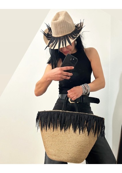 Hasır Çanta, Plaj Çantası ve Şapka 2'li Takım, El Emeği Plaj Çantası ve Plaj Şapkası, Siyah Püsküllü indirimleri