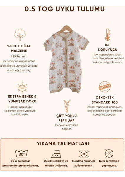 0.5 Tog Yazlık Bebek & Çocuk Uyku Tulumu, %100 Pamuk - Dinozorlar