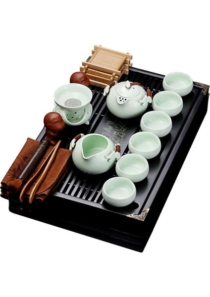 Çin Tarzı Kung Fu Seramik Çay Seti Tepsi ve Aksesuarlarla 10 Parça
