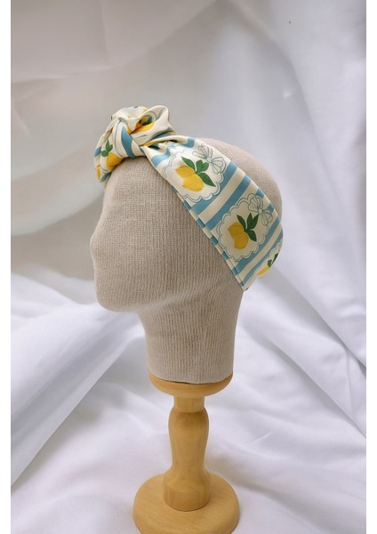 Turkuaz Çizgili Limon Detay Desenli Saten Bandana 70X70 cm Renkli Fular Yeni Sezon Saç Aksesuarı