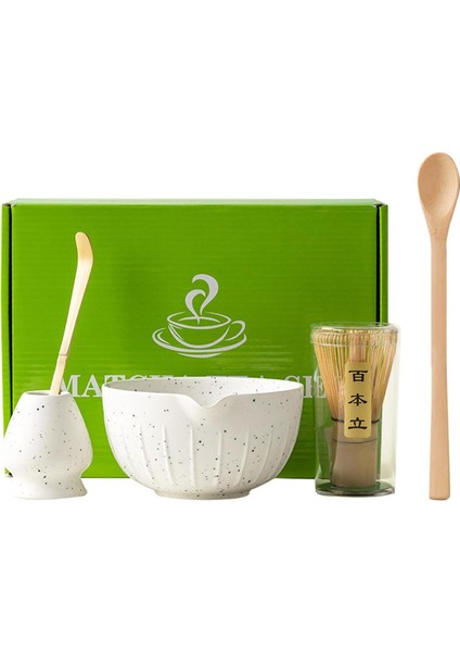 5'li Matcha Çay Seti, Bambu Süpürge, Kaşık, Kürek ve Seramik Kase ile