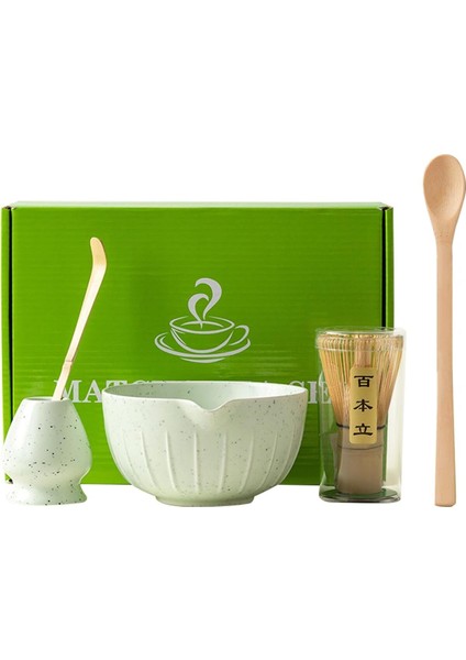 5'li Matcha Çay Seti, Bambu Süpürge, Kaşık, Kürek ve Seramik Kase ile