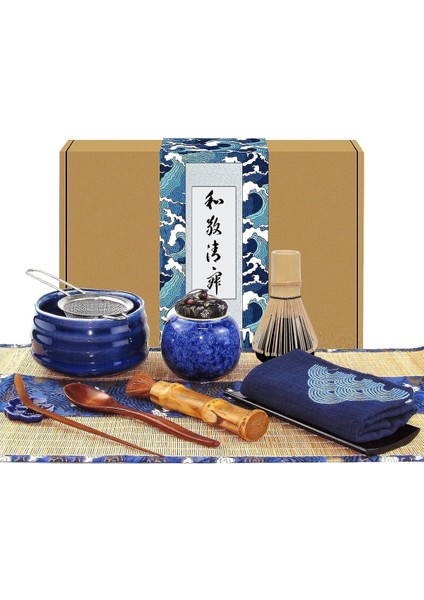 12 Parçalı Japon Matcha Çay Seti, Mavi Seremoni Kasesi, Bambu Çırpıcı, Süzgeç ve Kaşık ile