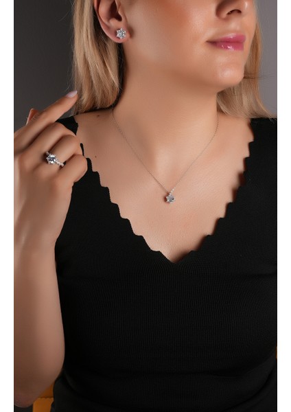 925 Ayar Gümüş , Lotus Çiçeği Tek Taşlı Şık Tasarımlı Kolye, Küpe ve Yüzük Seti