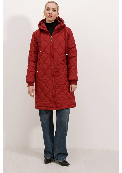 5138 Kapitone Uzun Şişme Mont - Bordo modelleri