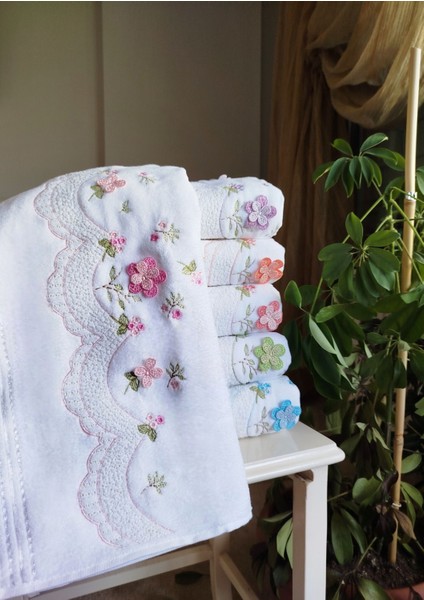 Beyaz El Işi 3D Nakışlı Kadife 6 Adet 30X50 cm Mutfak Havlusu %100 Pamuk