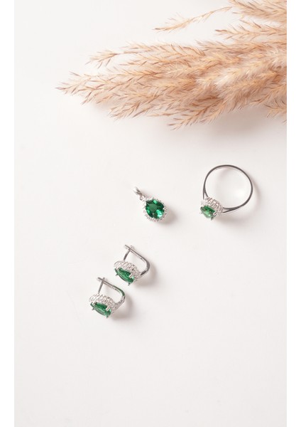 925 Ayar Gümüş , Zümrüt Taşlı Damla Tasarımlı Kolye, Küpe ve Yüzük Seti fiyatları