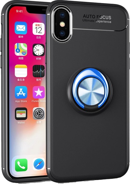 iPhone Xs Kılıf Range Yüzüklü Silikon - Siyah-Mavi - CRM6360-2550