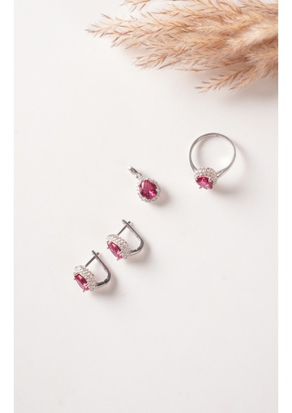 925 Ayar Gümüş , Yakut Taşlı Damla Tasarımlı Kolye, Küpe ve Yüzük Seti fiyatları