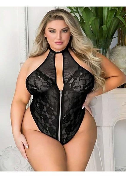 Büyük Beden Siyah Dantel Işlemeli Fermuarlı Faantezi Babydoll