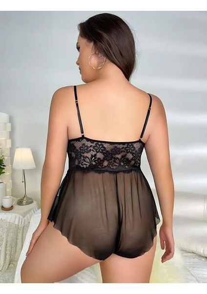 Büyük Beden Siyah Dantel Işlemeli Fırfırlı Faantezi Babydoll fiyatları