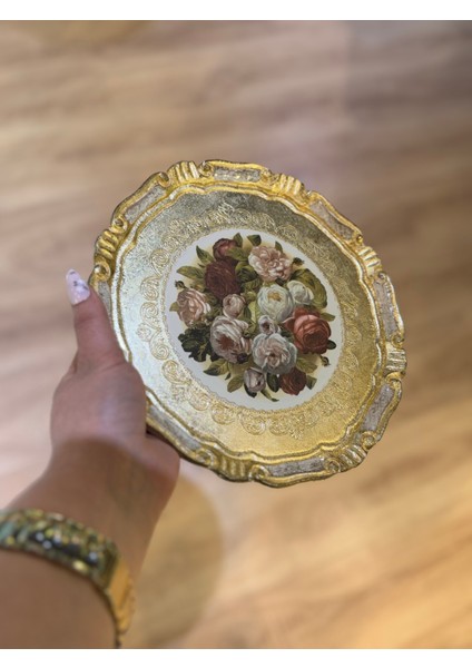 Esterhomedecor Tek Kişilik Çiçekli Yuvarlak Orijinal Gül Ağacı Sunum Tepsisi Krem 30CM