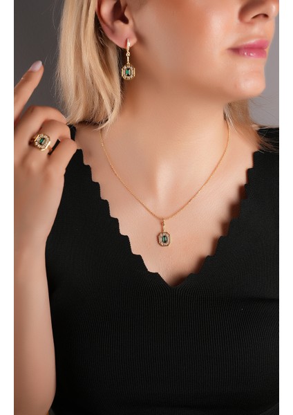 925 Ayar Gümüş, Gold Kaplamalı Zümrüt Taşlı Serenay Kolye,küpe ve Yüzük Seti