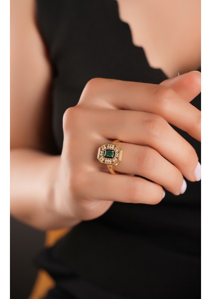 925 Ayar Gümüş, Gold Kaplamalı Zümrüt Taşlı Serenay Kolye,küpe ve Yüzük Seti fiyatları