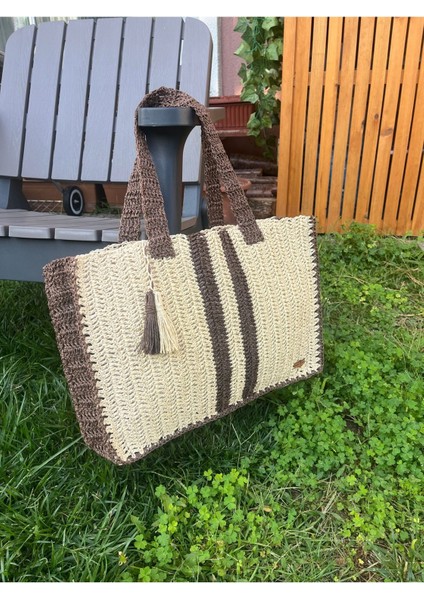 Kağıt Ip , El Örgüsü, Örme, Plaj, Pazar, Günlük Çanta, Tasarım , Krem Kahve Çizgili, Püsküllü