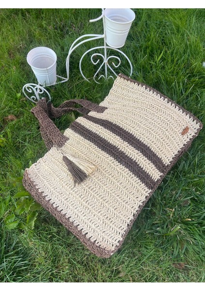 Kağıt Ip , El Örgüsü, Örme, Plaj, Pazar, Günlük Çanta, Tasarım , Krem Kahve Çizgili, Püsküllü fiyatları