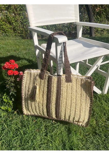 Kağıt Ip , El Örgüsü, Örme, Plaj, Pazar, Günlük Çanta, Tasarım , Krem Kahve Çizgili, Püsküllü modelleri