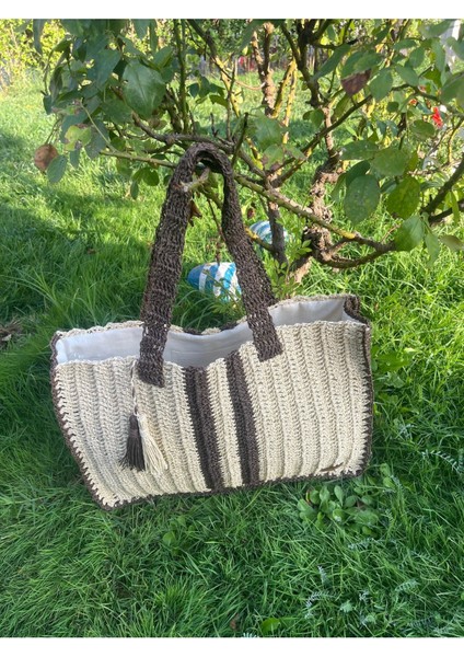 Kağıt Ip , El Örgüsü, Örme, Plaj, Pazar, Günlük Çanta, Tasarım , Krem Kahve Çizgili, Püsküllü fırsatları