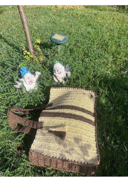 Kağıt Ip , El Örgüsü, Örme, Plaj, Pazar, Günlük Çanta, Tasarım , Krem Kahve Çizgili, Püsküllü indirimleri