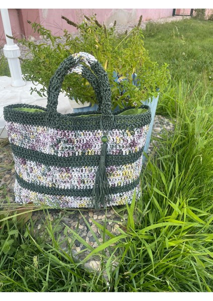 Kağıt Ip , El Örgüsü, Örme, Plaj, Pazar, Günlük , Çanta, Tasarım , Yeşil Ebruli, Astarlı, Cepli