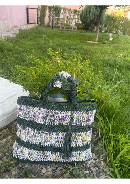 Kağıt Ip , El Örgüsü, Örme, Plaj, Pazar, Günlük , Çanta, Tasarım , Yeşil Ebruli, Astarlı, Cepli fırsatları