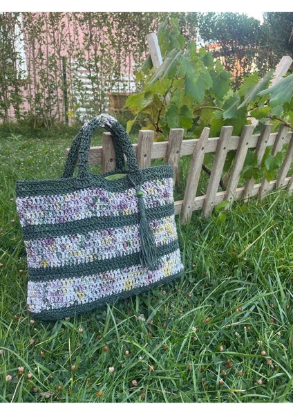 Kağıt Ip , El Örgüsü, Örme, Plaj, Pazar, Günlük , Çanta, Tasarım , Yeşil Ebruli, Astarlı, Cepli indirimleri