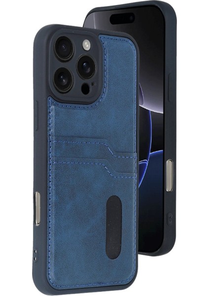iPhone 16 Pro Kılıf Sara Kartvizitli Deri Kılıf - Lacivert - CRM9140-2806