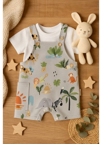 Erkek Bebek Hayvan Desenli Bahçıvan Tulum Takı